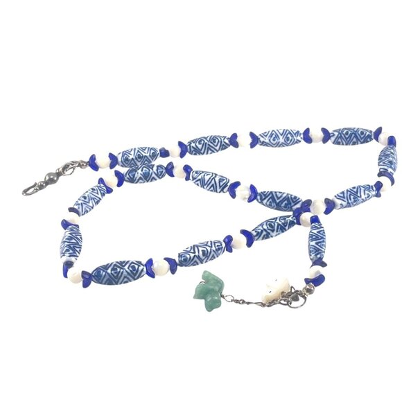 Handcrafted Blue & White Beaded Necklace With Jade Elephant Charm - Picture 7 of 11